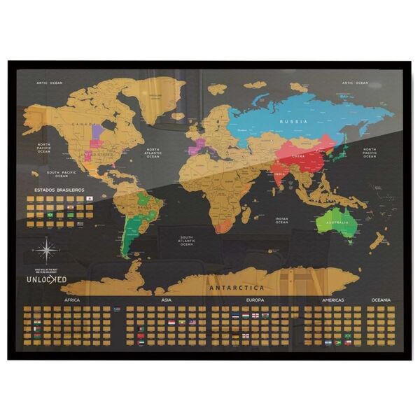 Mapa Mundi De Raspar 88x66 Cm | Unlocked | Com Moldura + Vidr